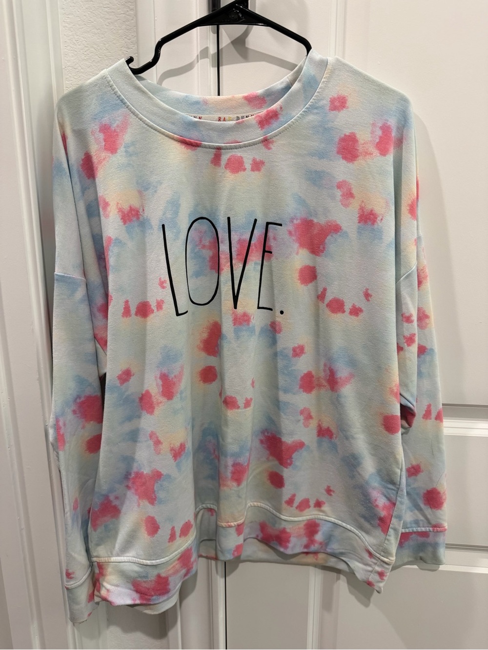 Rae Dunn Tie-Dye "LOVE" Crewneck Sweatshirt in Pastel Blue, Pink, Cream